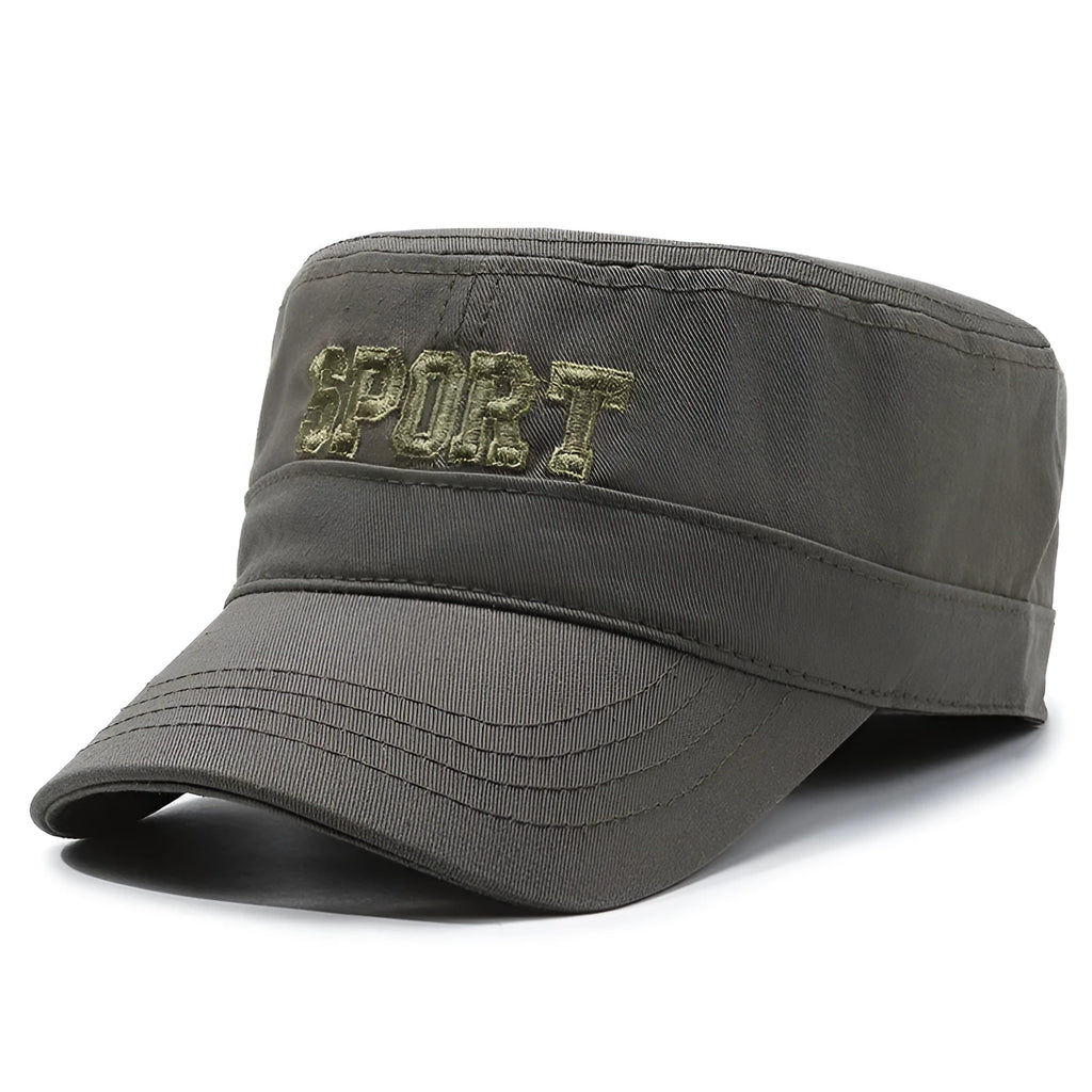 Men's cotton flat-top peaked cap in army green colour with English letter detailing and an adjustable strap.