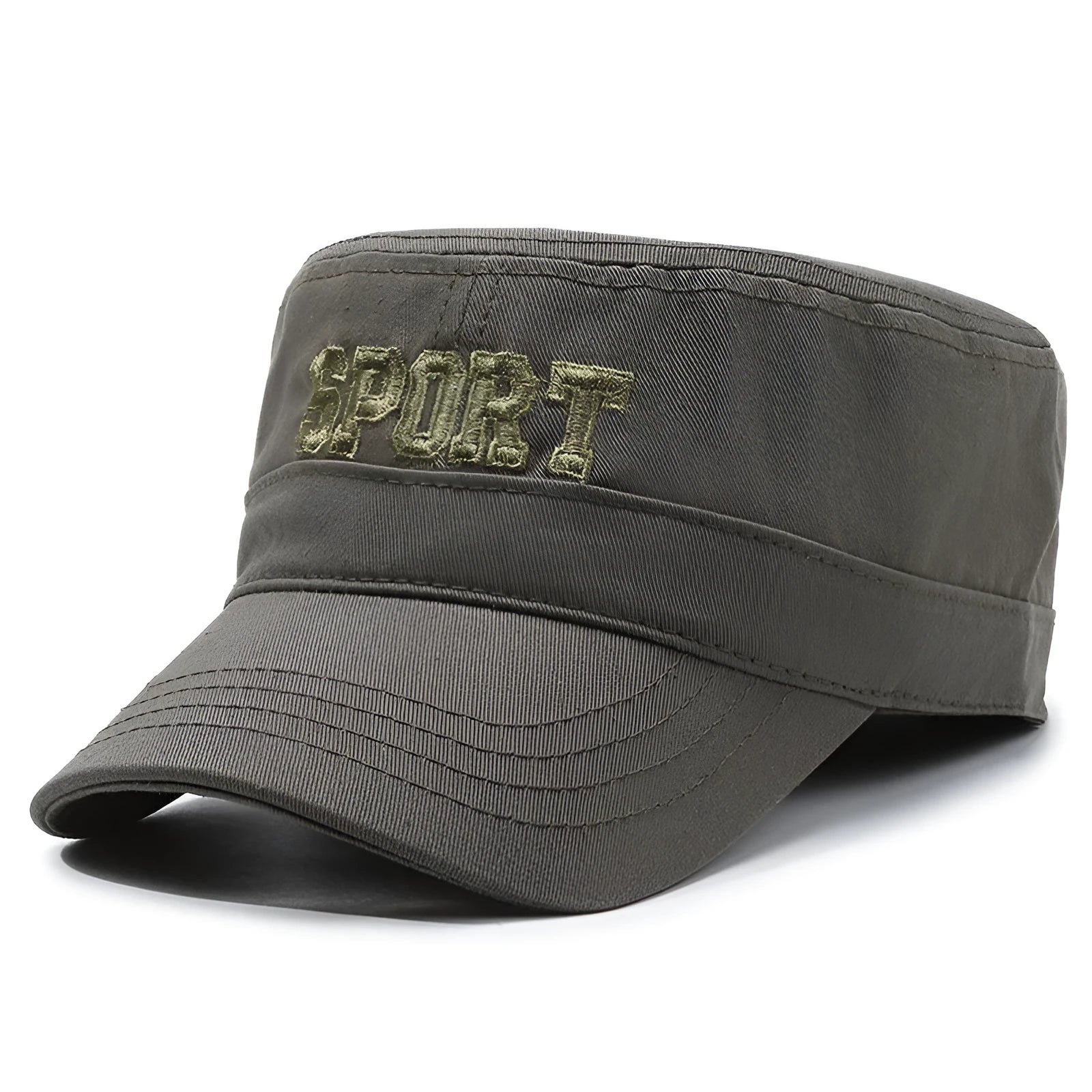 Men's cotton flat-top peaked cap in army green colour with English letter detailing and an adjustable strap.