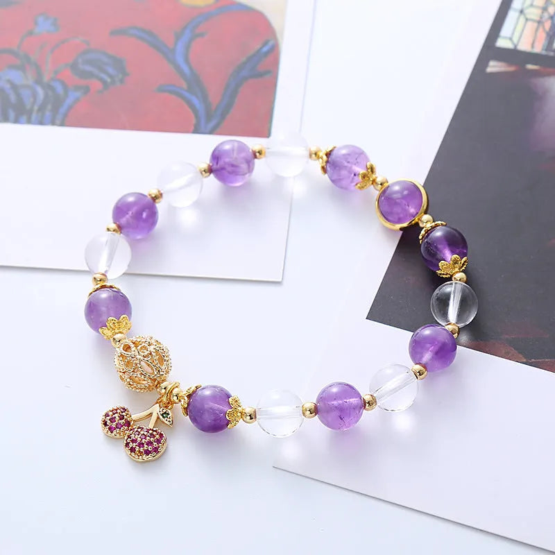 Purple crystal bracelet with amethyst cherry flower micro-inlaid design, handmade women's jewellery