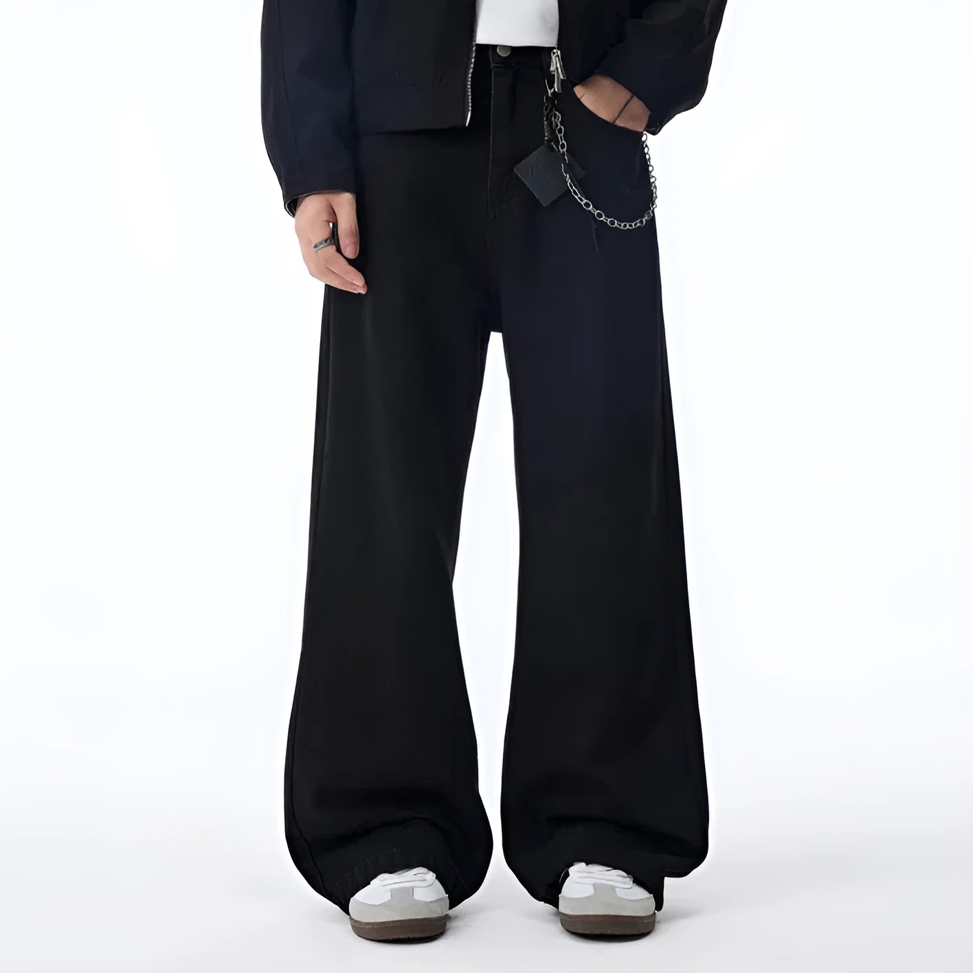 Black straight-leg men's jeans with fleece lining, cotton material, zipper fly, available in Asian sizes 28-38