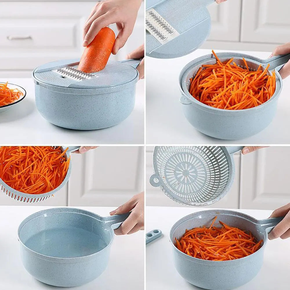 8 In 1 Mandoline Slicer vegetable slicer with stainless steel blades, strainer, and hand guard in blue