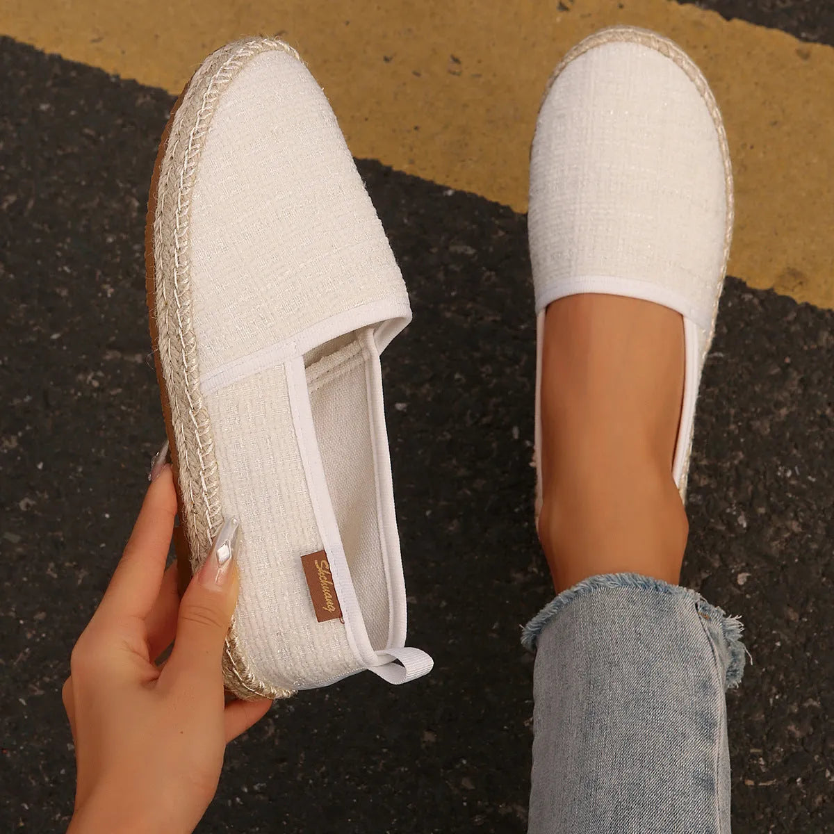 Rope bottom fisherman canvas shoes in black white beige colours with round toe and flat heel