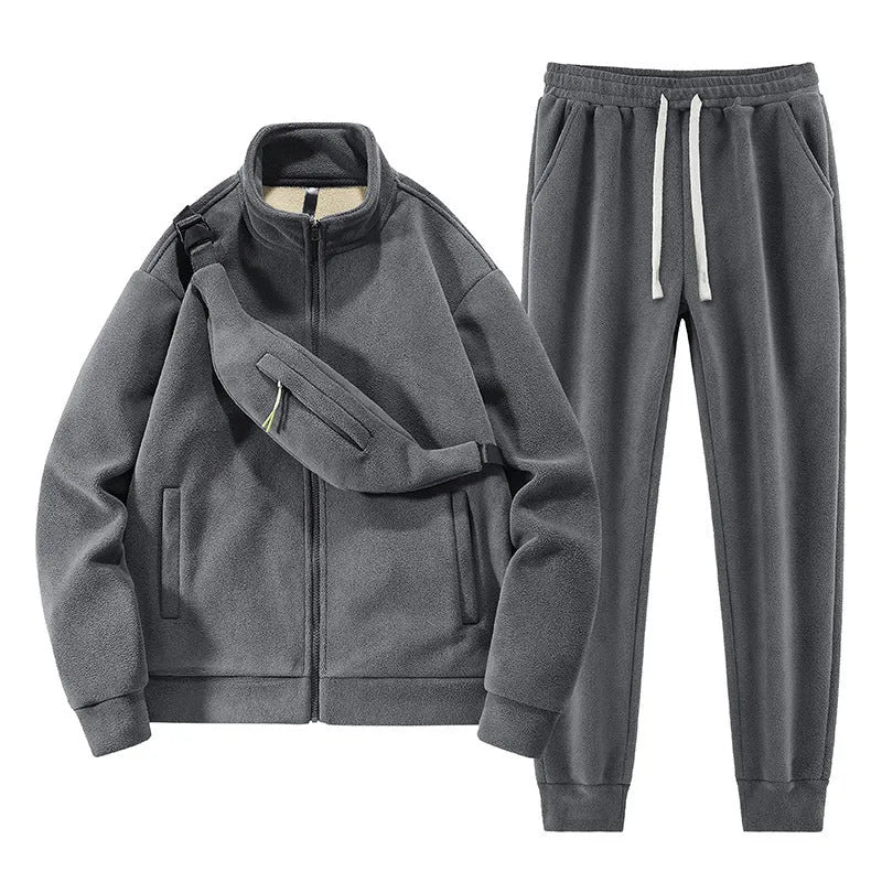 Men's sports leisure warm cardigan suit with long sleeve coat and trousers in gray, with shoulder bag