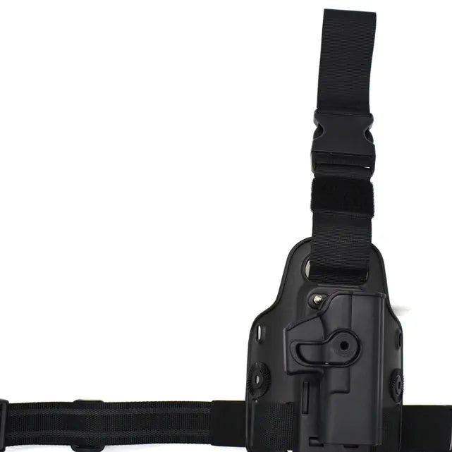 Green tactical plastic leg holster with quick-pull design shown on a model, suitable for outdoor sports.