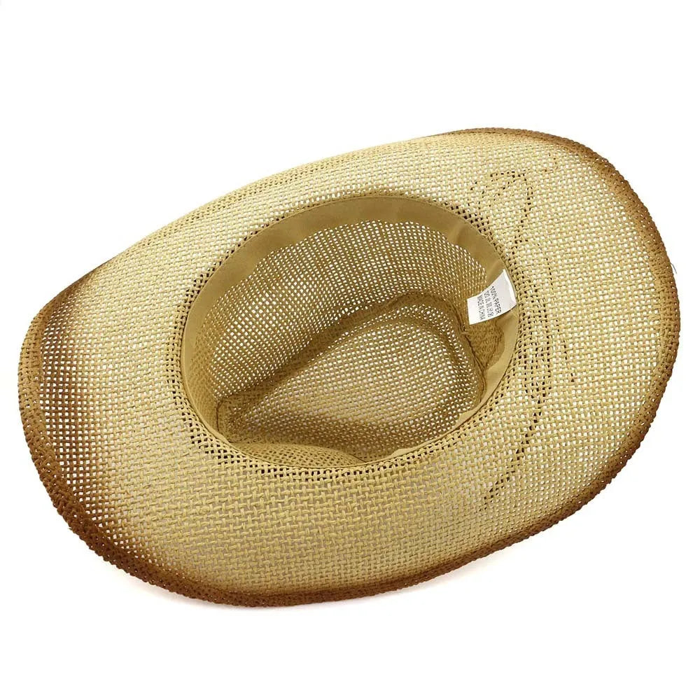 Western cowboy style straw hat with spray paint pattern and bell crown, shown in beige colour