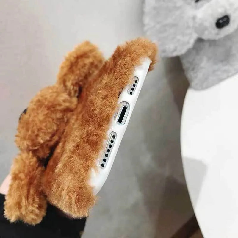 Plush teddy pet dog soft phone case for iPhone in brown colour