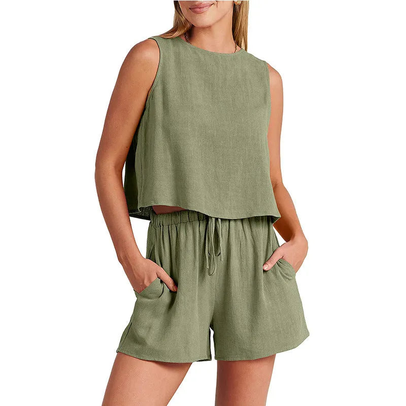 Women's apricot-coloured sleeveless top and matching drawstring shorts from a rayon-linen summer two-piece set.