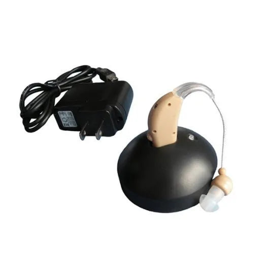 U-Kiss rechargeable behind-the-ear digital hearing aid amplifier on a white background.