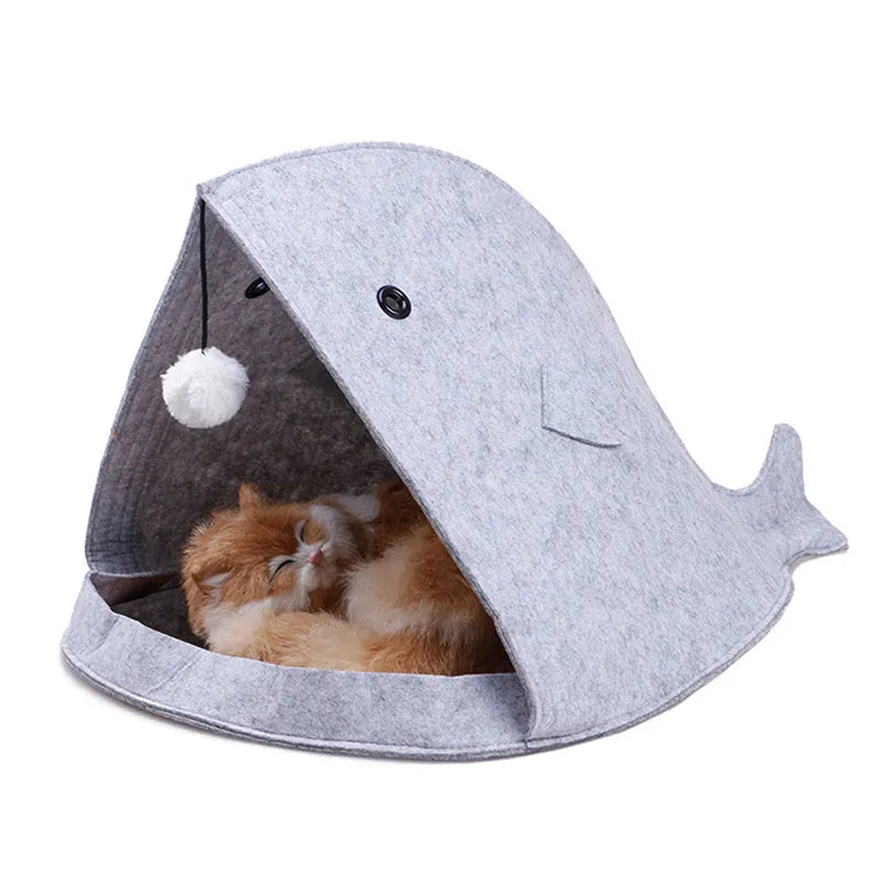 Foldable felt pet nest in blue, size 40x40x50cm, made from non-woven felt, tear resistant and washable