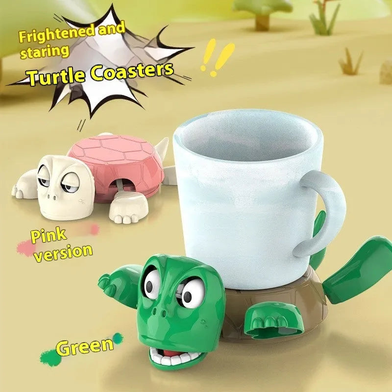 ABS turtle design drink coaster in light green on a table