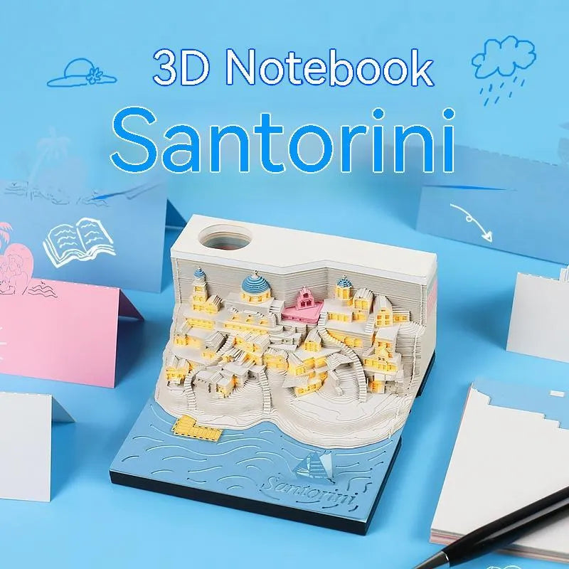 Santoorini 3D paper carving notepad model with LED lights, showing layered beach construction.