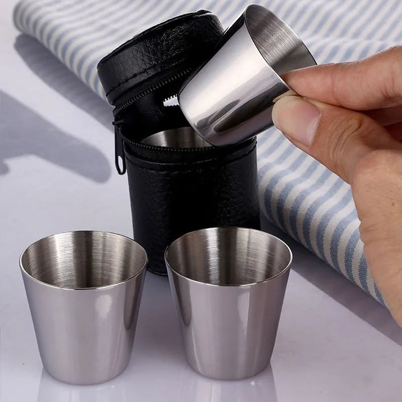 30ml stainless steel shot glass set with six cups in PU leather holder silver finish