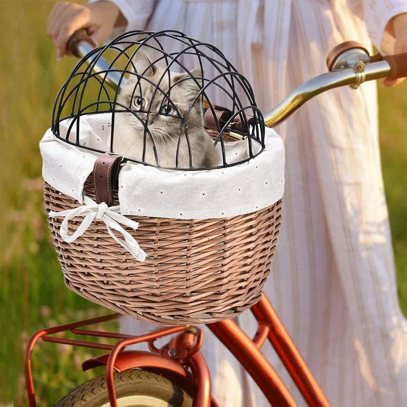 Honey-coloured wicker bicycle front handle basket medium size for cat or dog pet seat on road bicycle