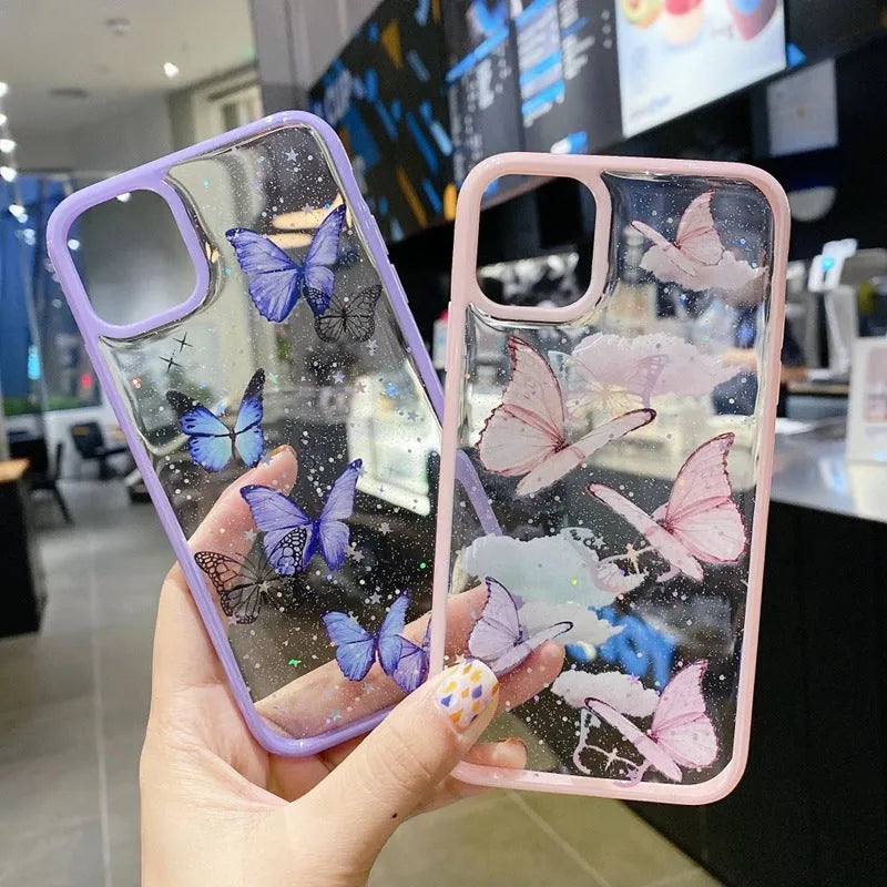 Pink epoxy glitter butterfly TPU phone case for iPhone with anti-fall back cover visible