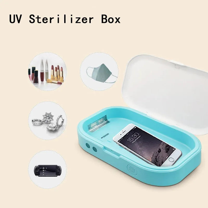 Blue UV steriliser box for mobile phones and small items showing dual UV lamps and compact size for 7-inch phone