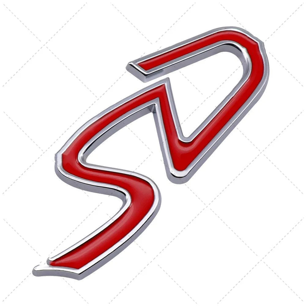 Red and silver metal SD size car bumper sticker label for vehicle modification.