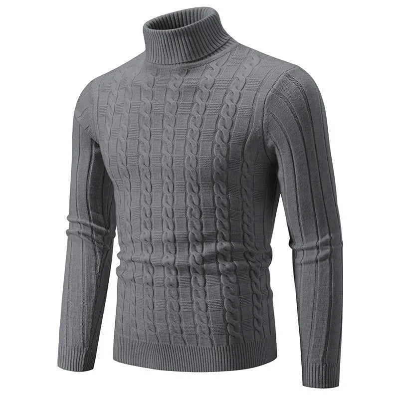Man wearing a beige slim fit chenille turtleneck pullover jumper.