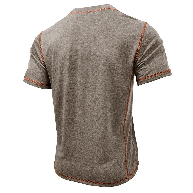 Men's short sleeve Henley shirt in solid colour, slim-fit cotton blend, round neck pullover style