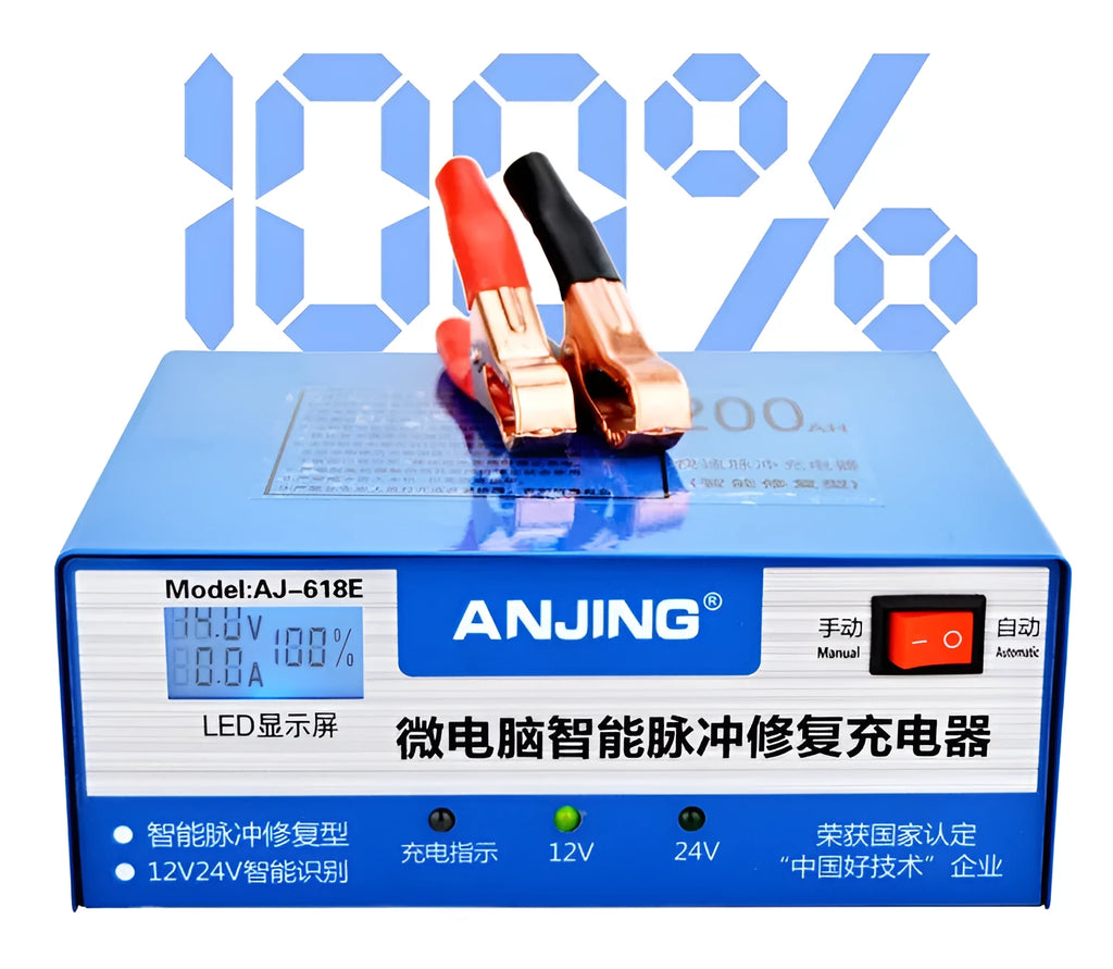 Blue car pure copper smart pulse repair battery charger model AJ-618E with 12V 24V leads
