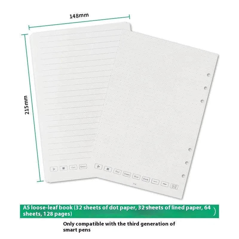 Loose leaf spiral notebook replacement paper core with pen and pencil refills on a table.