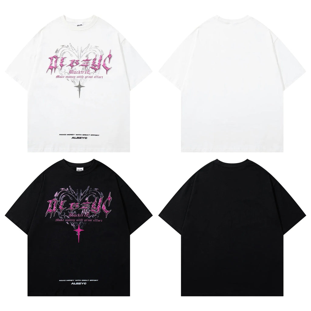 Men's black cotton t-shirt with printed design showing loose fit and short sleeves