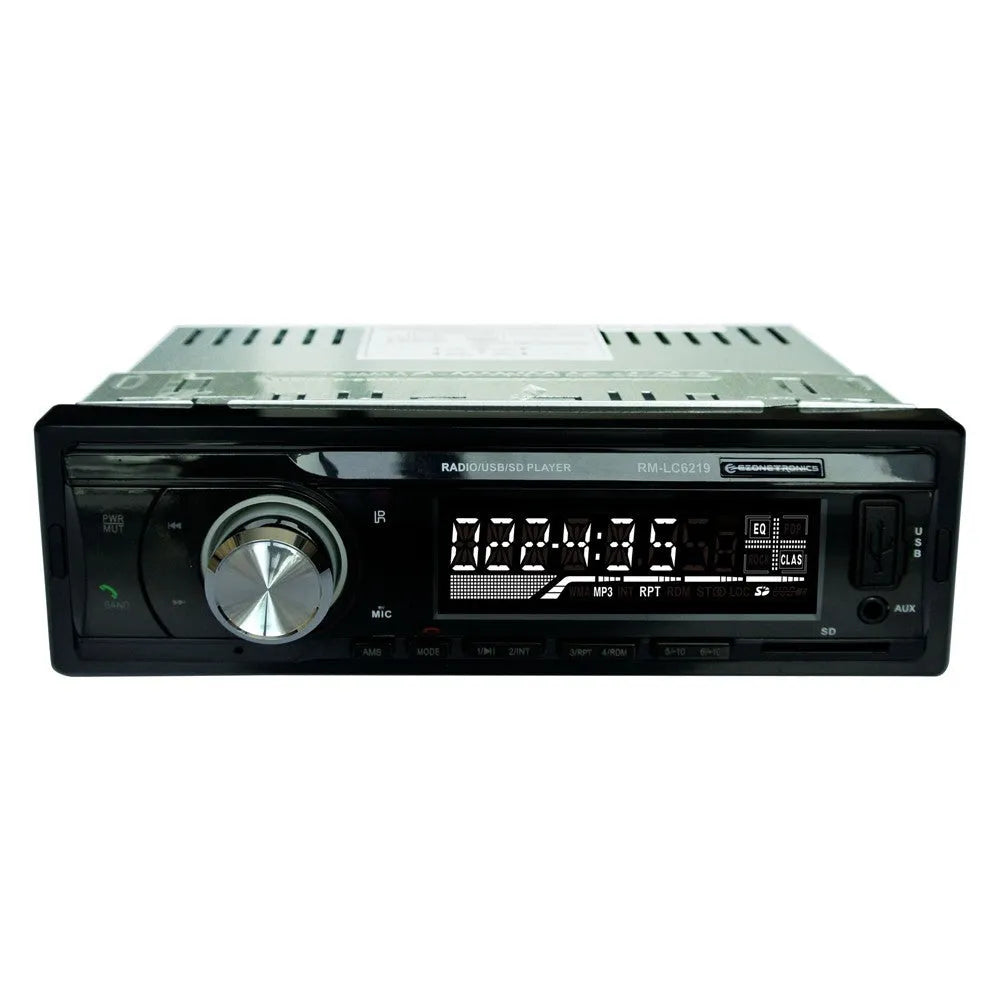Black car stereo receiver with Bluetooth, USB, SD card slots, auxiliary input, and display screen