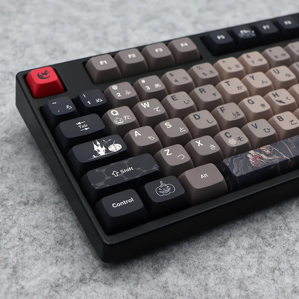 Five-sided sublimation PBT key cap set with Halloween theme in US layout showing 137 keys