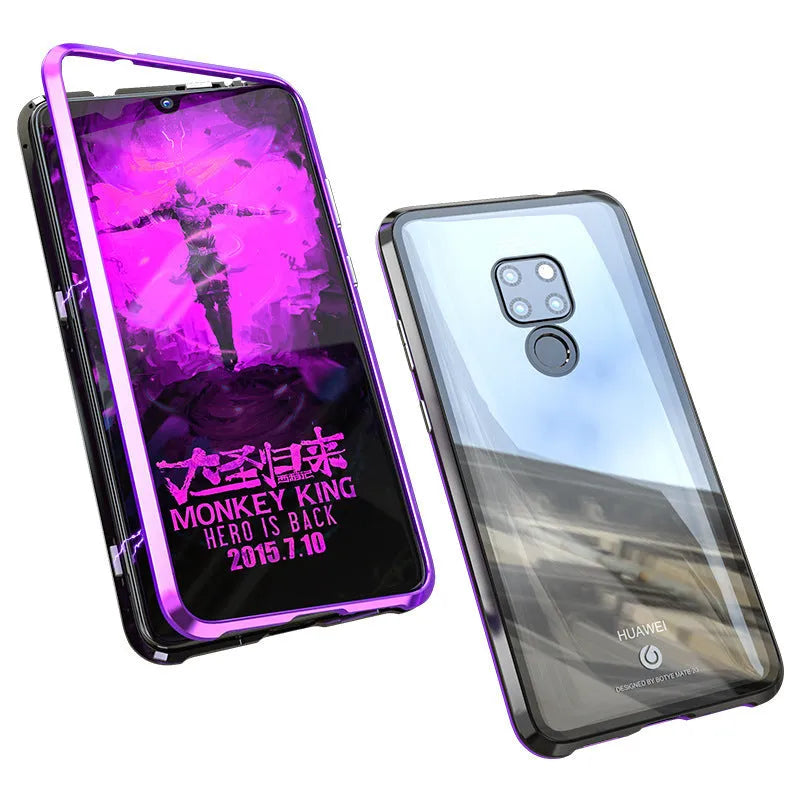 Black magnetic metal phone case with tempered glass back for Huawei P30 Pro showing precise port cuts.