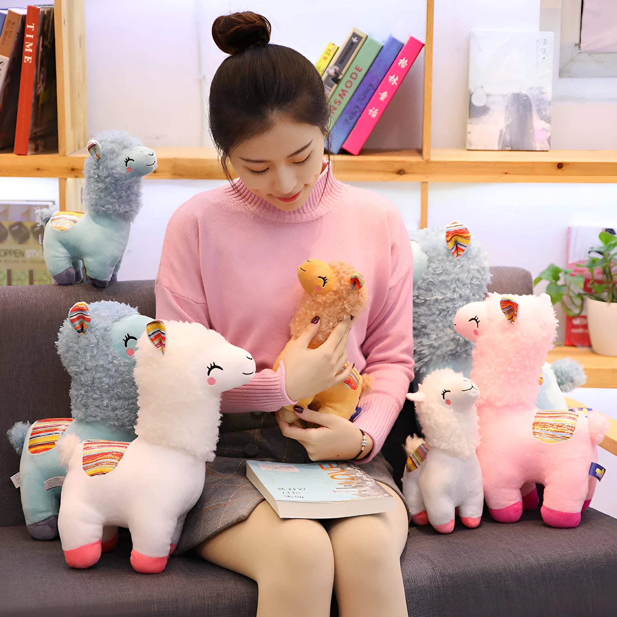 Alpaca llama plush toy in white standing on a surface
