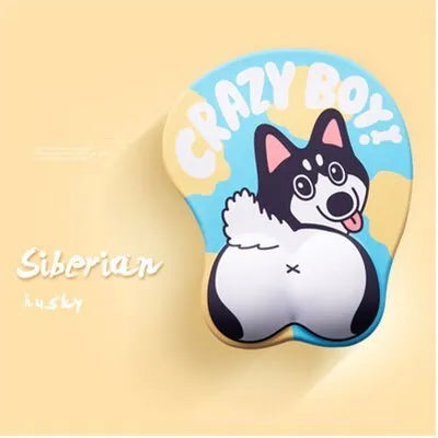 3D corgi-shaped mouse pad with raised wrist cushion in blue colour