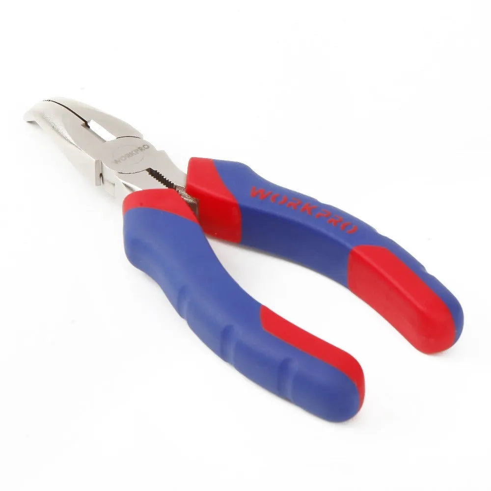 Blue curved nose pliers with double-colour sleeve handles for electrical and automotive work
