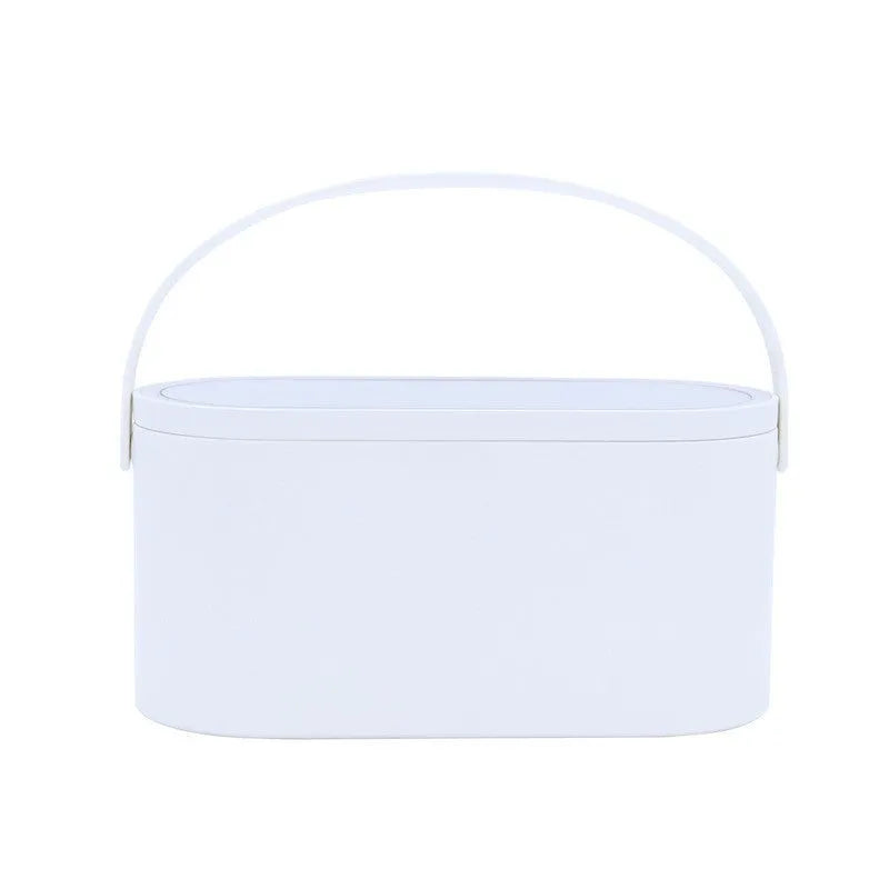 Pink portable makeup storage box with LED illuminated aluminium mirror and cosmetic compartments