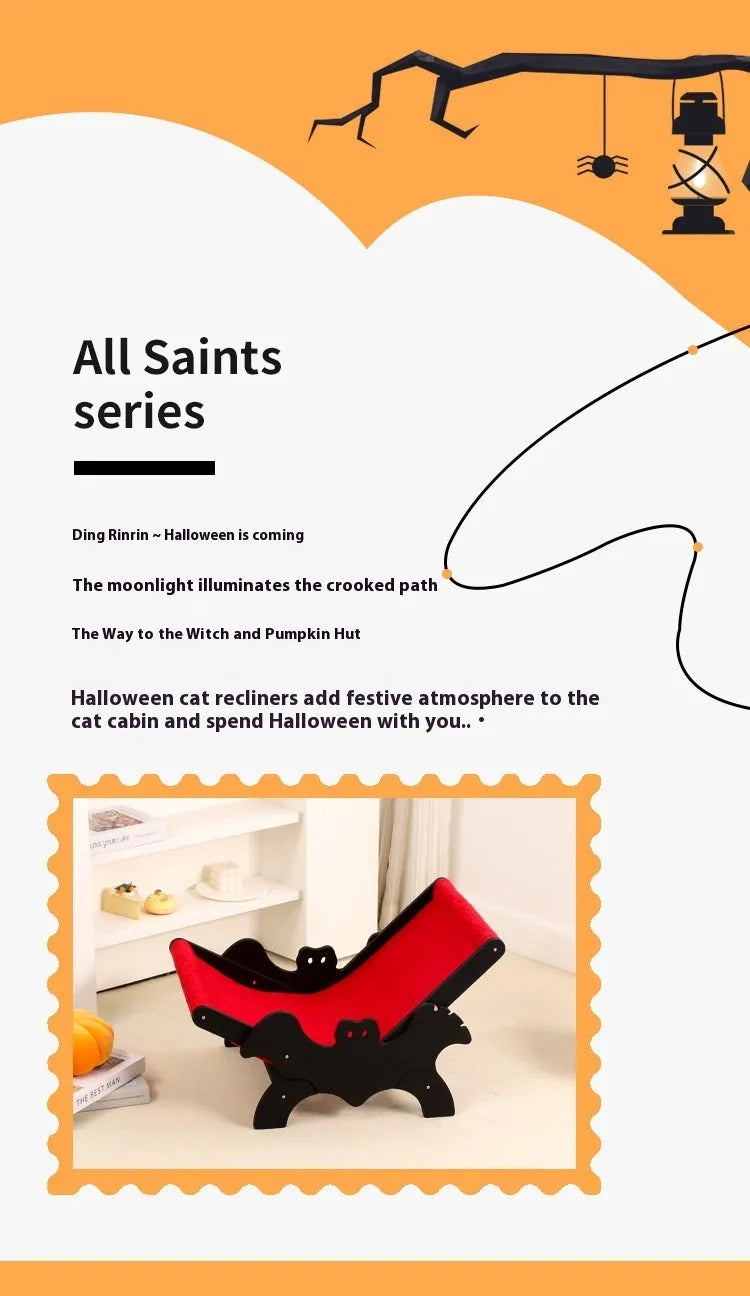 Wooden cat recliner lounge chair MW-054 in black and red Halloween colours