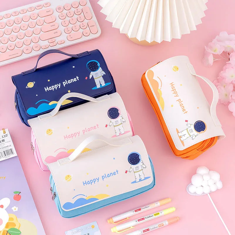 Large-capacity canvas pencil case with hand-painted cartoon pattern, flip-open design, 21x10cm size, available in blue colour