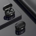 Black wireless stereo Bluetooth headset with earplug design shown with NFC symbol.
