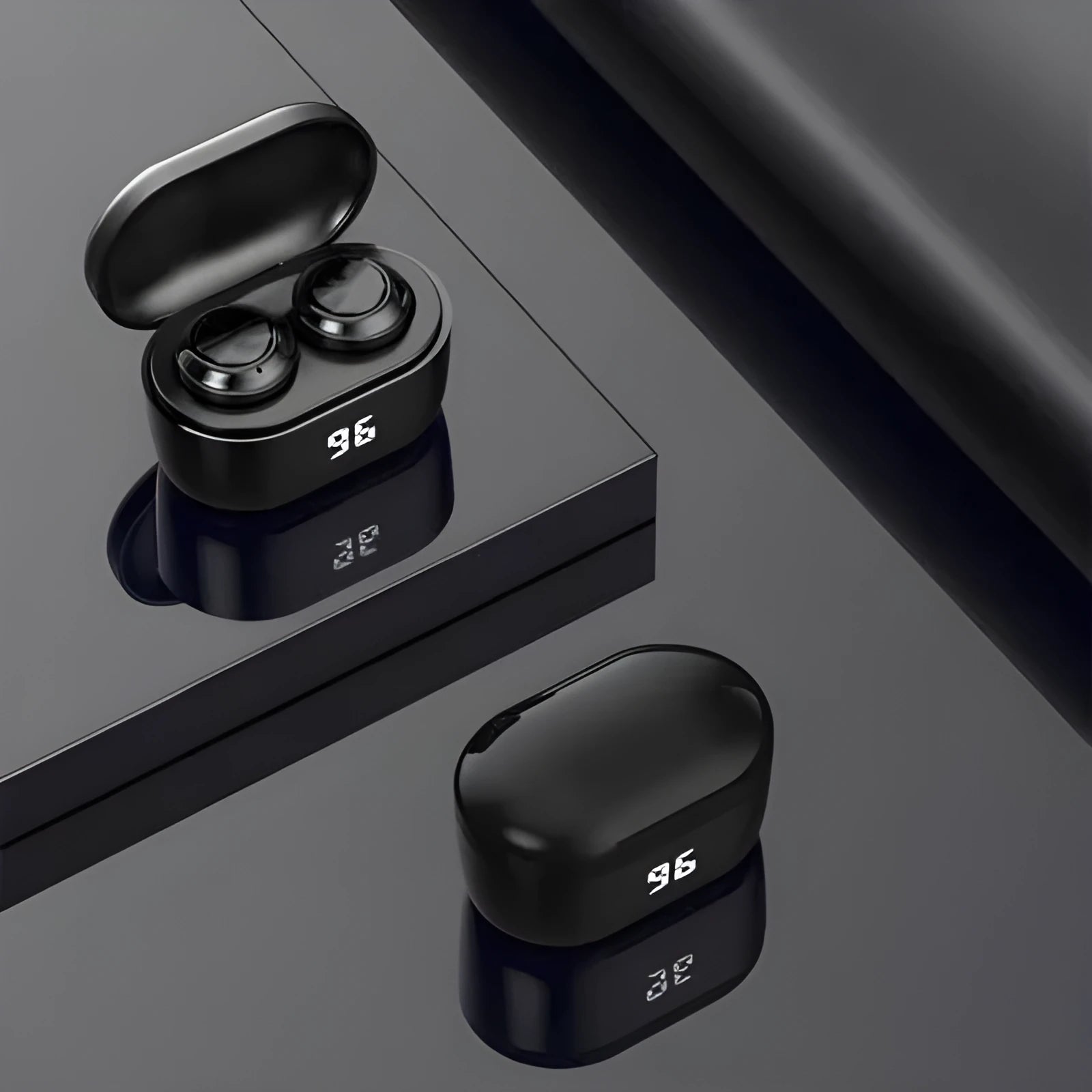 Black stereo Bluetooth headset with earplug design showing Bluetooth 5.0 and multi-point connection features