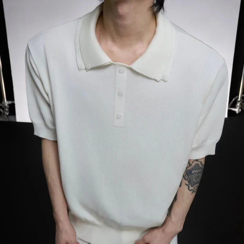 Men's double lapel collar short sleeve shirt in black slim knit polyester fabric