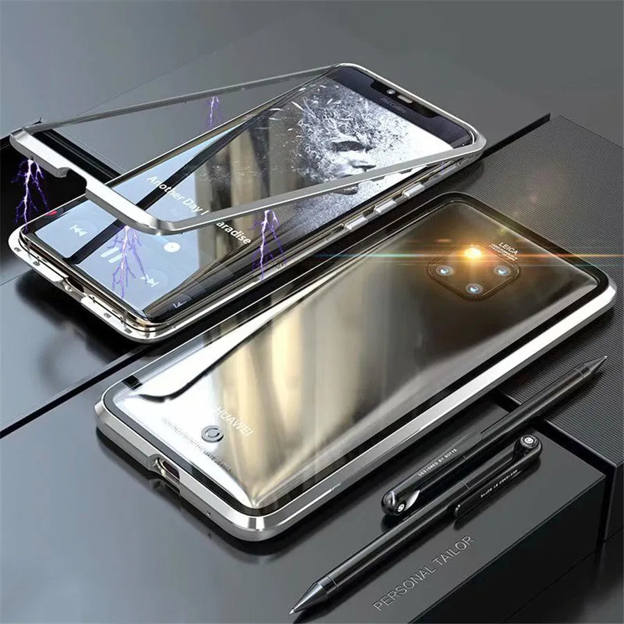 Black magnetic metal phone case with tempered glass back for Huawei P30 Pro showing precise port cuts.