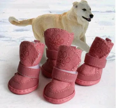 Set of 4 khaki and pink velvet dog boots with lambskin look, sizes 1 to 5 for small dogs