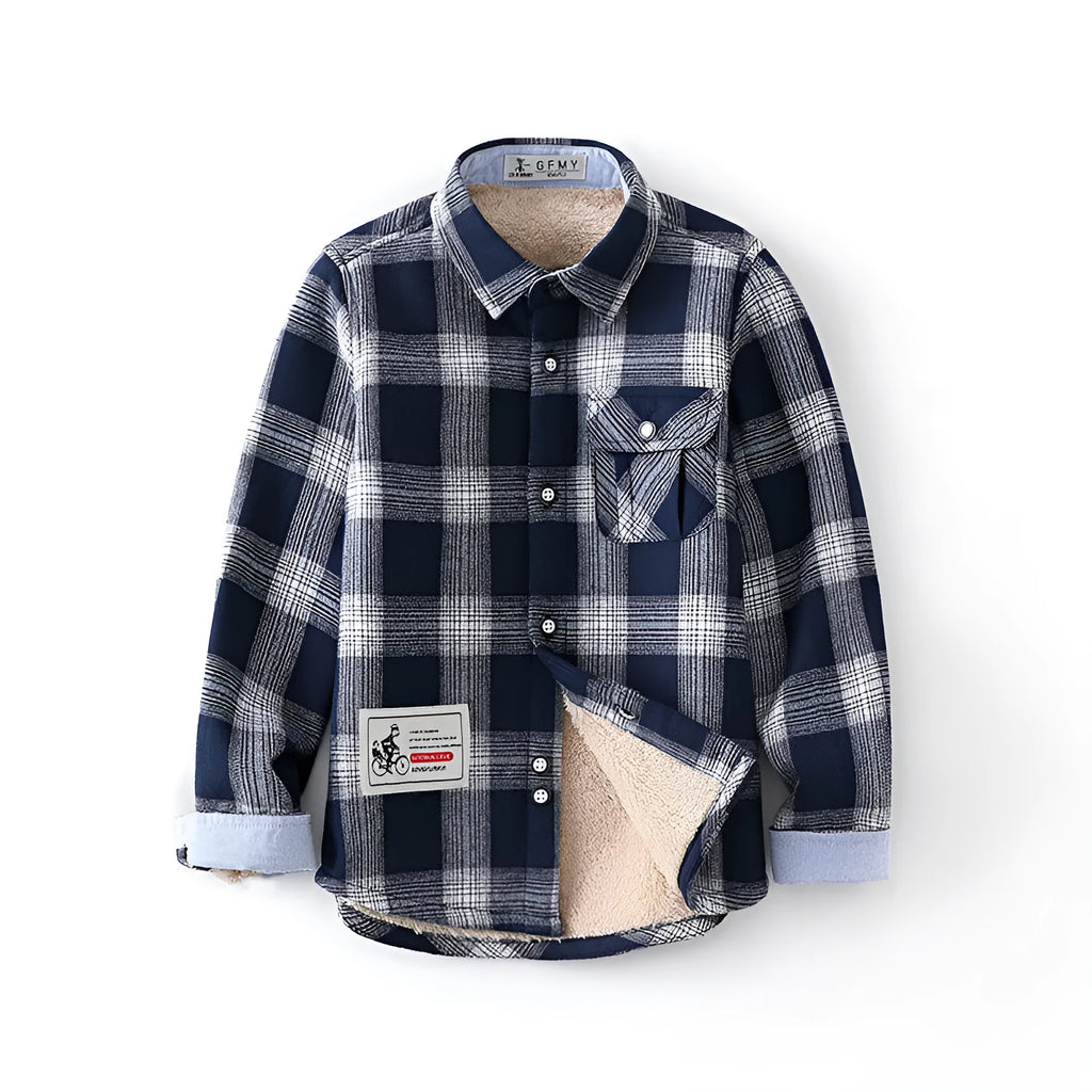 Boys plaid shirt with long sleeves, slim fit, grid pattern, ultra-short 40cm length, in green navy blue or red.