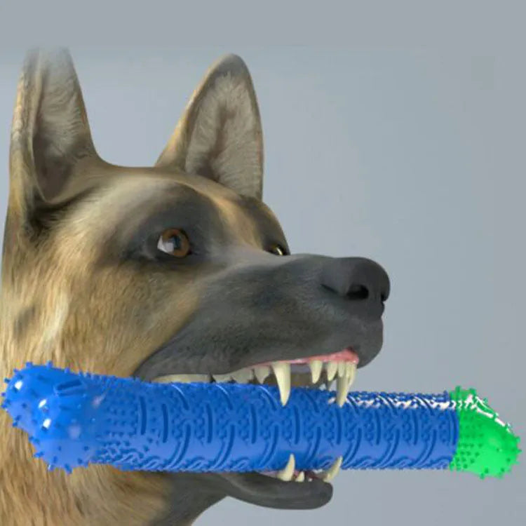 Blue silicone dog dental cleaner stick with serrated brush head and massage nodules, 25cm length