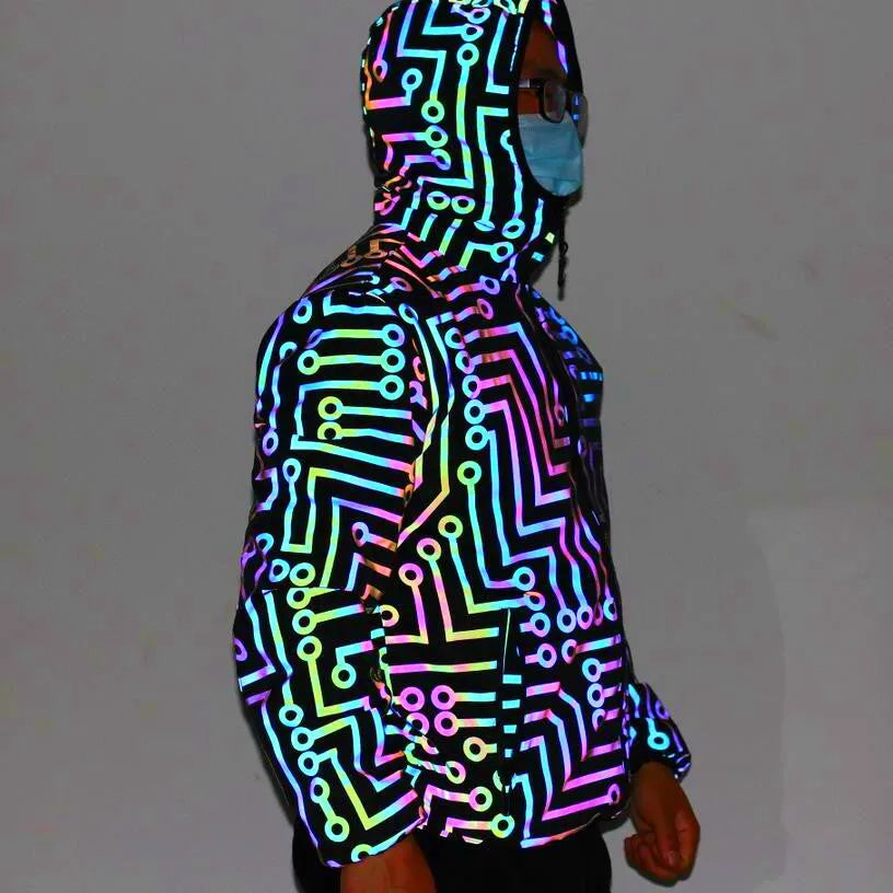 Black hooded reflective jacket for dance, polyester fabric, straight hem, front view on model