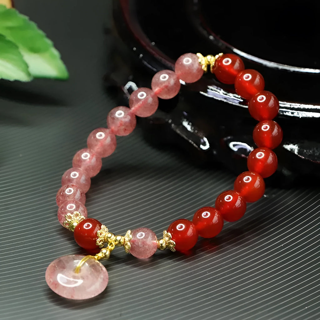 Red agate strawberry quartz bracelet with electroplated finish, drop-shaped geometric beads, retro New Chinese style