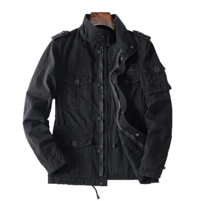 Men's loose-fit casual cotton jacket in light brown with zip front, shown on a model.