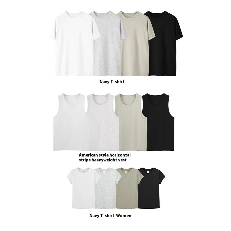 Slim fit stretch t-shirt set including a vest, men's short sleeve, and women's short sleeve top in assorted colours.