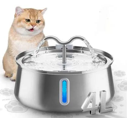 Stainless steel round pet water dispenser with large reservoir and selectable faucet attachment