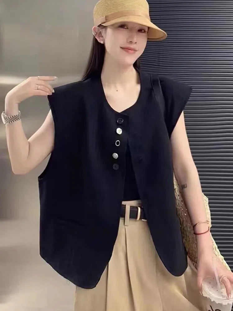 Women's loose-fit short-length polyester vest in milky white with side pockets