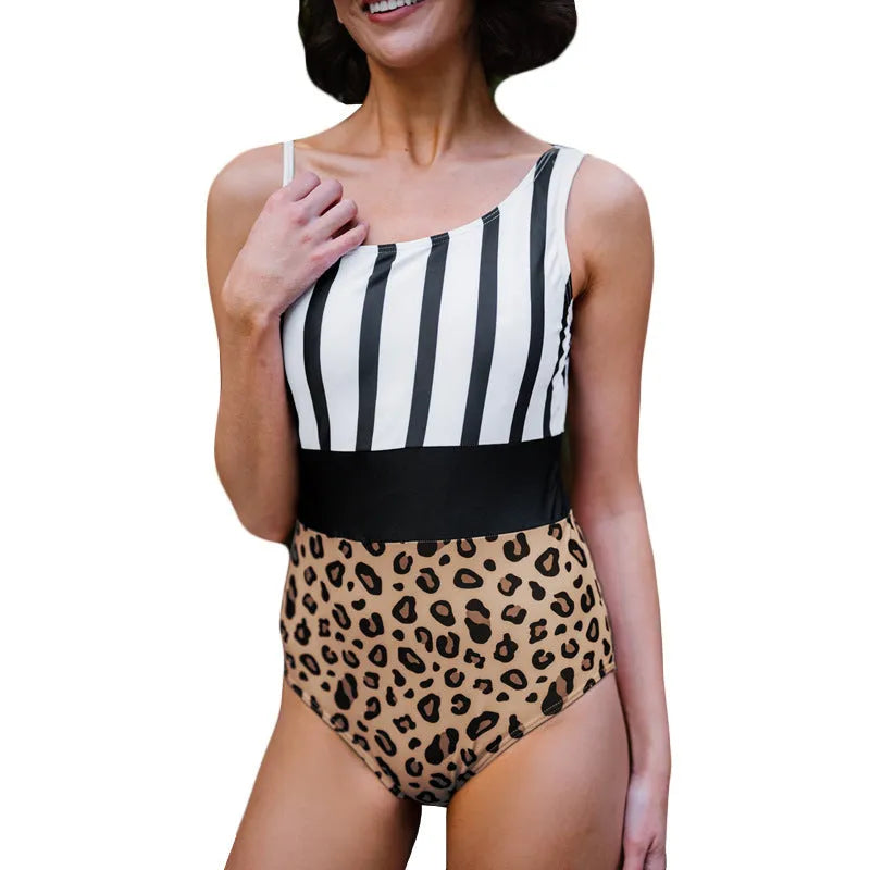Women's leopard print one-piece swimsuit with asymmetrical collar and high-waist design