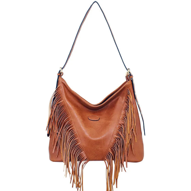 Large capacity soft PU messenger bag with rivet detailing, sandwich pocket, and long shoulder strap in brown colour