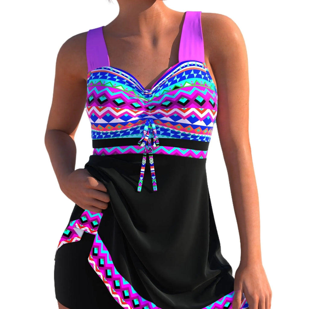 Plus size women's quick-drying split skirt bikini swimsuit in purple colour with sleeveless design